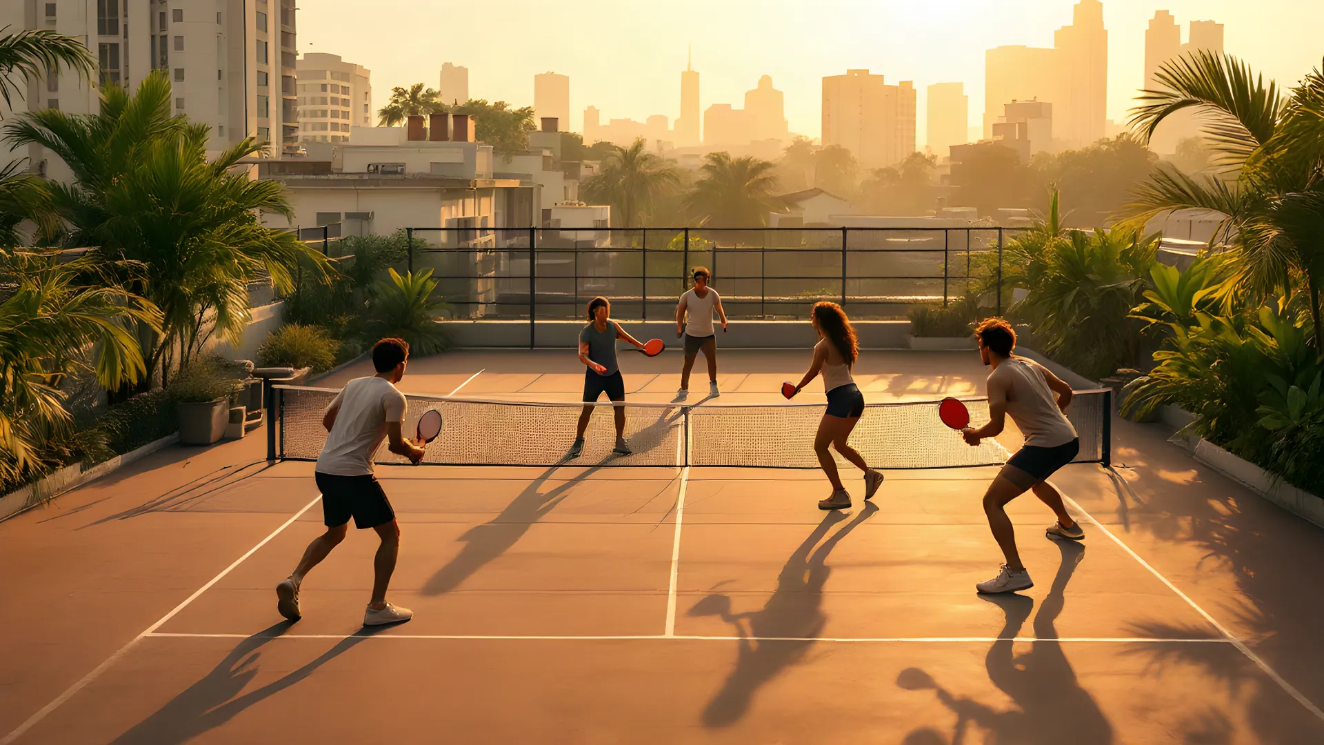 Rooftop pickleball doubles with the Saigon skyline behind