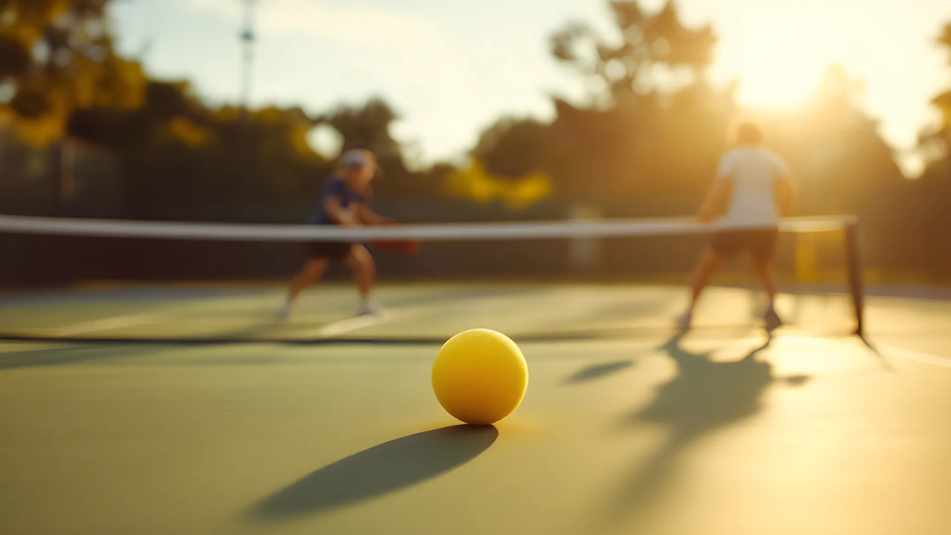 Pickleball doubles at the kitchen line in late-afternoon light